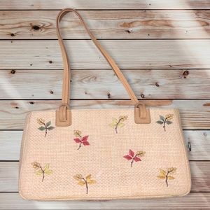 Vintage Fossil Woven Straw Purse With Leather Trim Flower Embroidered Hand Bag